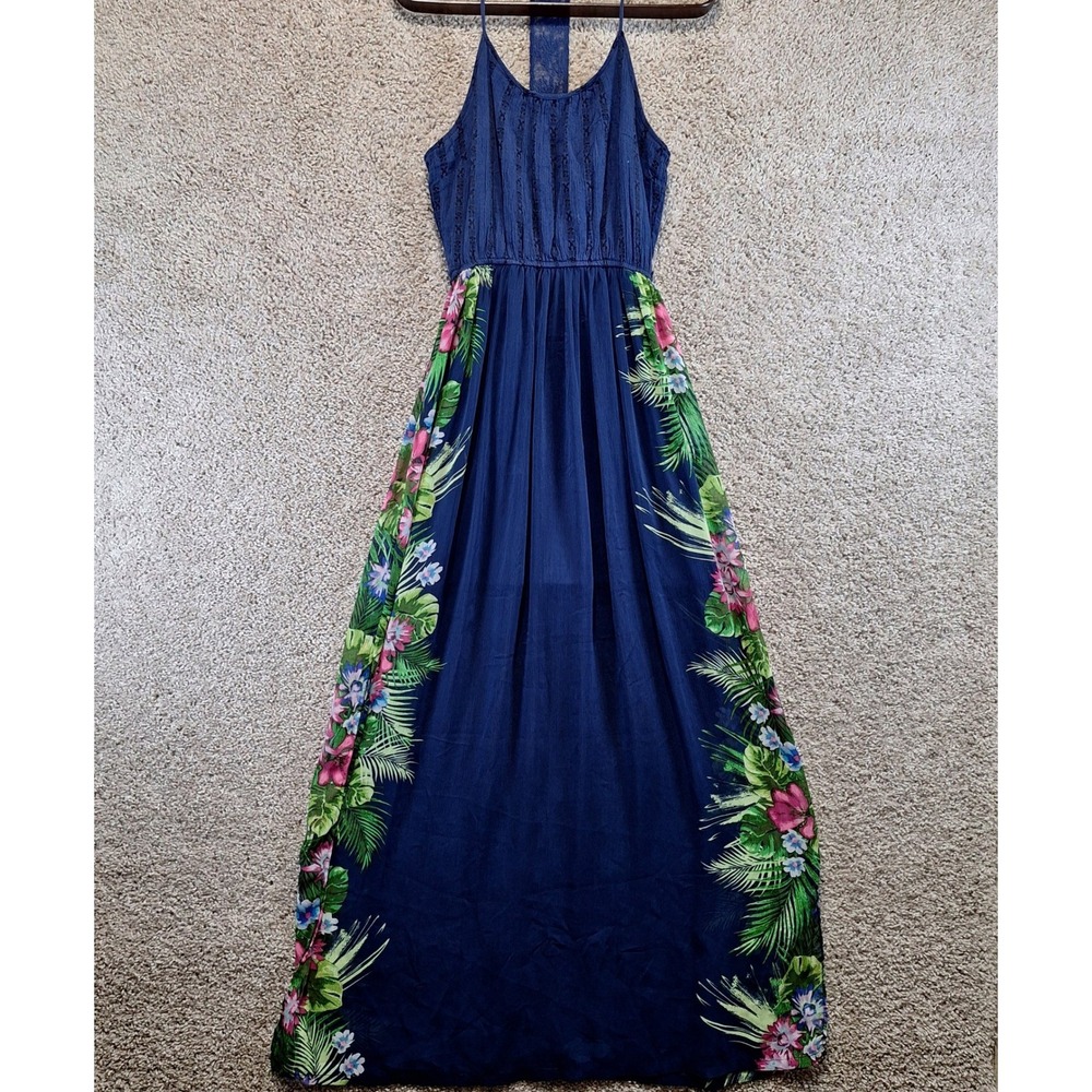 Candie's Maxi Dress Womens M Blue Floral Tropical Boho Summer Beach Lace Cute